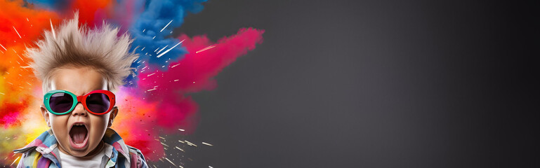 Banner Magazine style collage headshot portrait of rocky emotional baby blow mind, brain explosion of colors. Mind brain blowing concept, copy space,  made with Midjourney AI