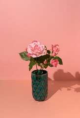 Minimal scene green vase with a bouquet of pink roses on sunny day. Flower arrangement for every day.