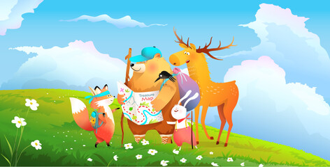 Obraz na płótnie Canvas Summer Animals Adventures with Cute Bear Moose Bunny and Fox. Hiking and Exploring Nature, storytelling illustration for kids in watercolor style. Wildlife vector cartoon for children.