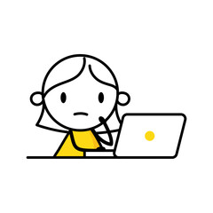 Unhappy woman with laptop busy to finish project within deadline. Tired office worker. Work stress, fatigue from overworked, anxiety or exhaustion, headache concept. Vector stock illustration