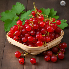 Red currants in a basket on a wooden table.
