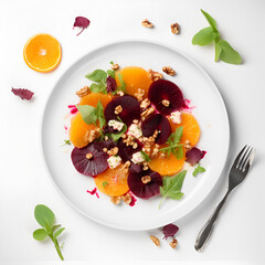 Beet and orange salad with spicy sauce. Served on a light plate. View from above.