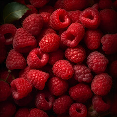 Raspberries shot in low key. View from above. Flat lay. Background.