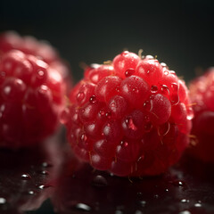 Raspberries with drops of water (dew) on a dark background. Macro. Illustration. Background.