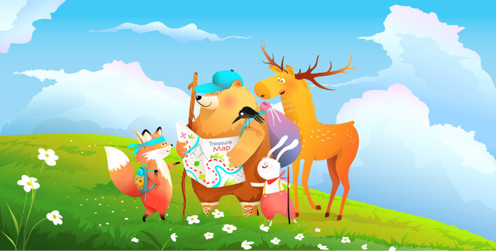 Summer Animals Adventures with Cute Bear Moose Bunny and Fox. Hiking and Exploring Nature, storytelling illustration for kids in watercolor style. Wildlife vector cartoon for children.