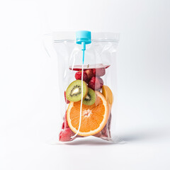 Close-up Of Various Fruit Slices In Saline Bag Dip In Water Against White Background