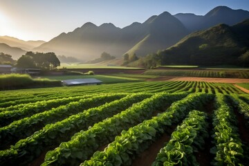 Fototapeta na wymiar Organic Lettuce Field Sustainable Farming Amidst Morning Mountainscape, Generative AI