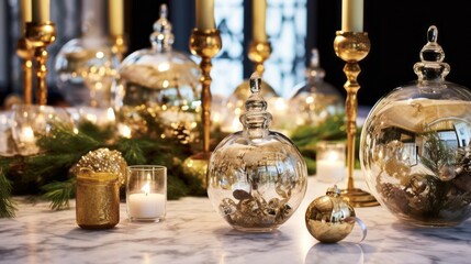 Fototapeta na wymiar A collection of iconic luxury Christmas elements, such as vintage ornaments, fine china, and classic decorations, evoking a sense of timeless elegance and sophistication in the design. Generative AI