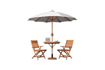 Wooden terrace table with two chairs and umbrella on cutout PNG transparent background. Generative AI