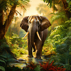 Elephant in rainforest jungle background - ai generative