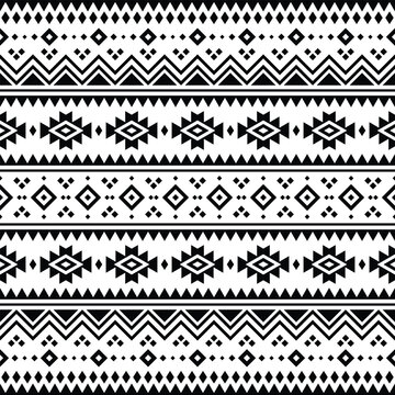 Native American geometric ethnic pattern in black and white. Seamless tribal pattern with Aztec Navajo motives. Design for textile, fabric, clothing, curtain, rug, ornament, wrapping, wallpaper.