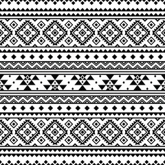 Seamless border pattern with unique ethnic backdrop design. Aztec Navajo tribal style. Black and white colors. Design for textile, fabric, curtain, rug, batik, ornament, background, wrapping.