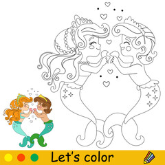 Kids coloring two mermaids falling in love vector illustration