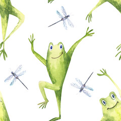 Watercolor Funny Frogs. Seamless patterns