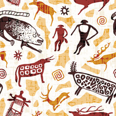A series of petroglyphs, cave drawings, vector design, seamless pattern