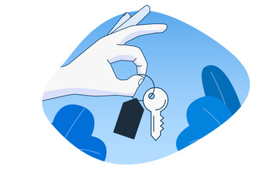 Hand holding a key. Outline cartoon style.