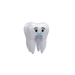 Teeth ceramic braces. Teeth alignment. White cute character tooth with braces on a transparent background. PNG. 3d render