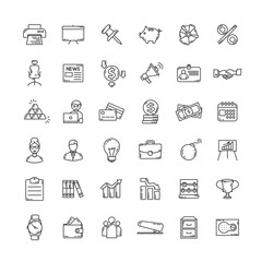 business and finance line icon set with megaphone, money, coins, chart