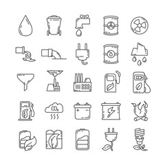 Eco line icon set with eco friendly fuel station, factory, environmental pollution