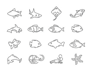 fish line icon set with shark, orca, starfish