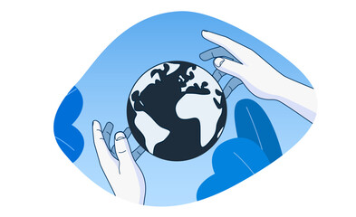 Hands holding earth globe. Outline cartoon style.