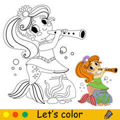 Kids coloring little mermaid musician vector illustration