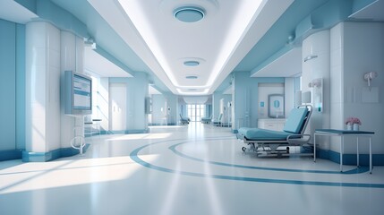 Naklejka na ściany i meble Hospital large white and blue hall interior with comfortable chairs and medical equipment in a modern hospital clinic, clean, wide windows, beautiful view, 3D, AI Generated.