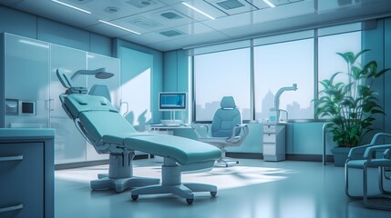 Fototapeta na wymiar Hospital dentist white and blue room interior with comfortable beds and medical equipment in a modern hospital clinic, clean, wide windows, beautiful nature view, 3D, AI Generated.