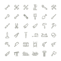 Construction tools line icon set with ax, hammer, wrench