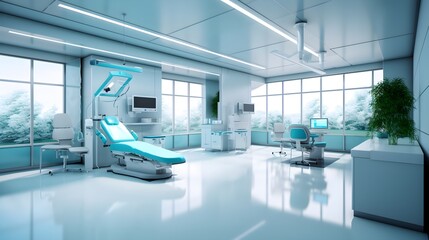 Hospital dentist white and blue room interior with comfortable beds and medical equipment in a modern hospital clinic, clean, wide windows, beautiful nature view, 3D, AI Generated.