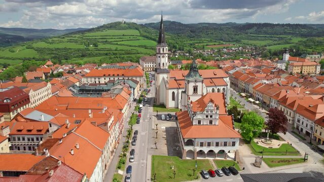 Aerial view of the historic center of Levoca town in summer, Slovakia.
