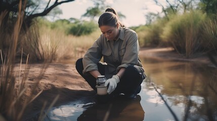Beautiful volunteer worker female scientist collecting, taking soil test in the field near the river, in Africa, savanna. Environmental protection, organic, wild life, practice, AI Generated.