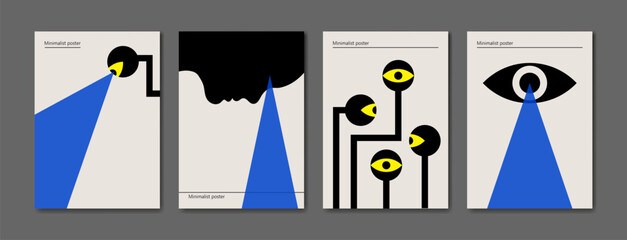 A set of minimalist posters on the theme of security camera, surveillance. Vector illustration.
