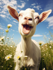 Happy cute goat on a summer day