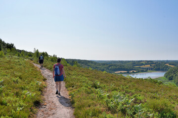 Groupe de randonneurs seniors dans la forêt de Penhoat au-dessus du Trieux - Bretagne France