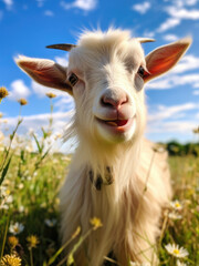 Happy cute goat on a summer day
