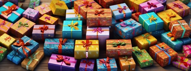 Fototapeta na wymiar A vibrant stack of beautifully wrapped gift boxes in various sizes and patterns, conveying the joy and spirit of giving. Web banner backdrop. Generative AI