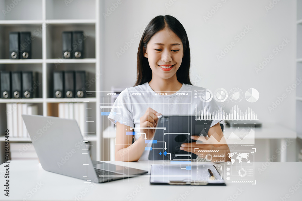 Poster asian businesswoman hand project manager working and update tasks and gantt chart scheduling virtual