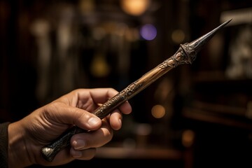 Hand with wooden magic wand, wizard and magician tool. Isolated on dark background.  - obrazy, fototapety, plakaty