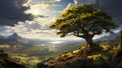 Fototapeta na wymiar Generative ai illustration of Surreal majestic tree on top of a hill, detailed, path up the hill, vast landscape