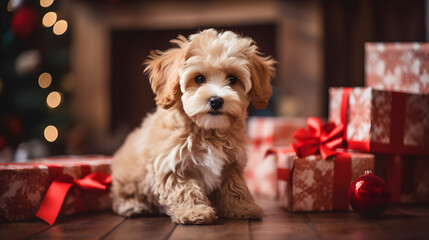 Cut dog wearing with gift and Christmas decoration blur background created with Generative AI
