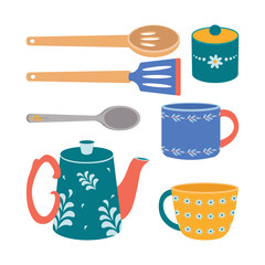 A set of kitchen utensils, a spoon, a kettle, a mug, a sugar jar, spatula, a ladle.