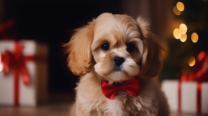 Cut dog wearing a red bow tie with Christmas decoration blur background created with Generative AI