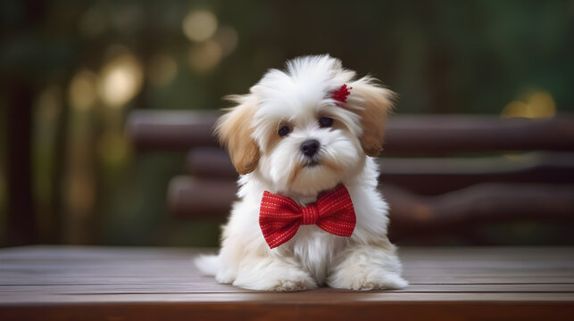 Cut dog wearing a red bow tie with Christmas decoration blur background created with Generative AI