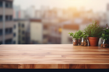 Fototapeta premium Wood table top on blurred kitchen background