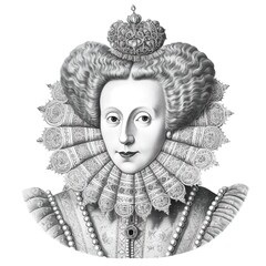 Black and white vintage engraving, headshot portrait of Queen Elizabeth I (the First), serious looking expression, face straight-on, facing camera, white background, greyscale - Generative AI