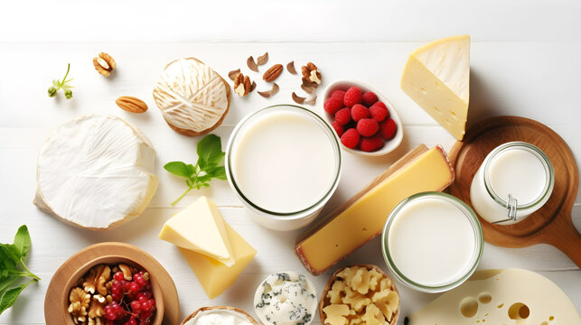 Dairy products shot of different cheese and milk on white background created with Generative AI