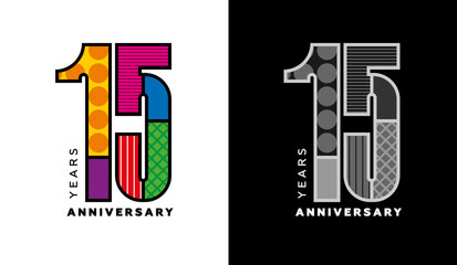 15th anniversary logo set, fifteen years badge, colorful logo for celebration event, invitation, congratulations, web template, flyer and booklet, retro symbol, color logo