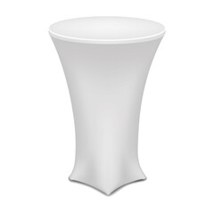 Blank white cocktail table vector mockup. Trade show promotional round counter display stand realistic mock-up. Template for design