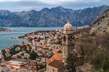 Fototapeta na wymiar Top view of the ancient town of Kotor and the Bay of Kotor. Montenegro, Balkans. Mountains, nature